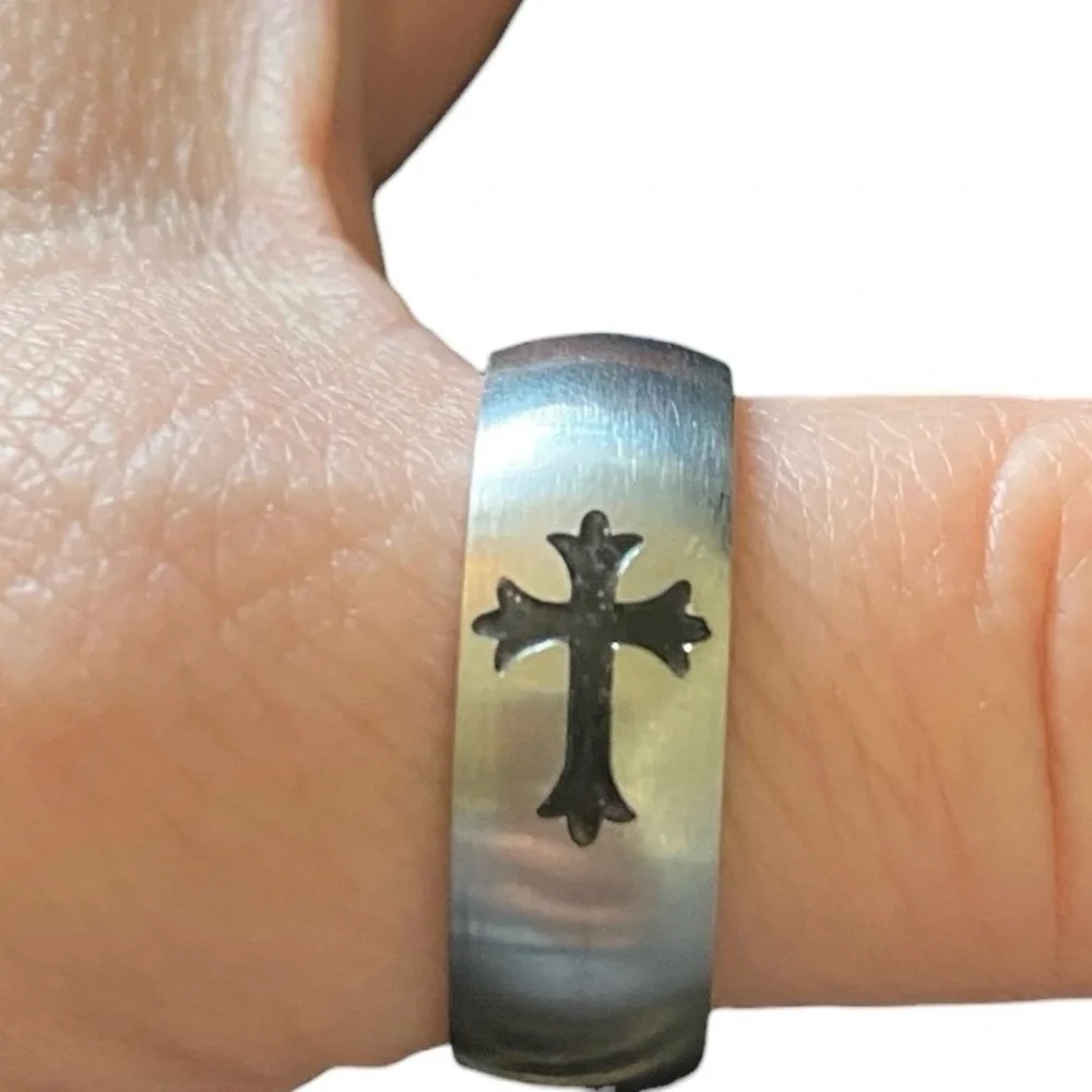 Stainless Steel Cross Ring band polished finish Black Cross Gothic Rock Biker